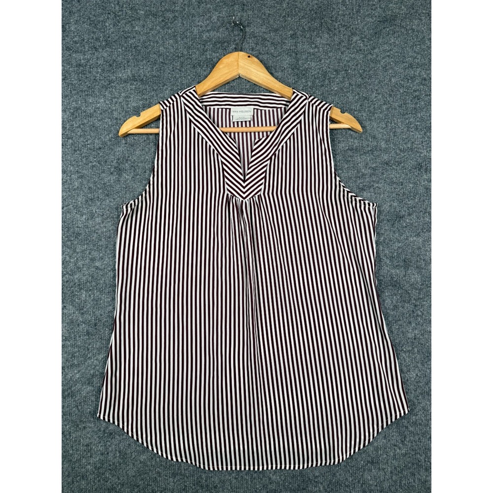 Van Heusen Blouse Top Womens Small Maroon White Striped Sleeveless Split Neck